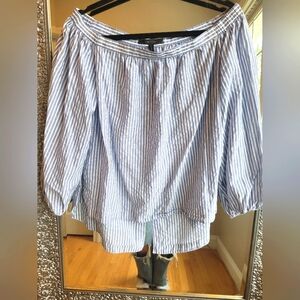 BCBG Blue‎ and White Striped Off-Shoulder Blouse
